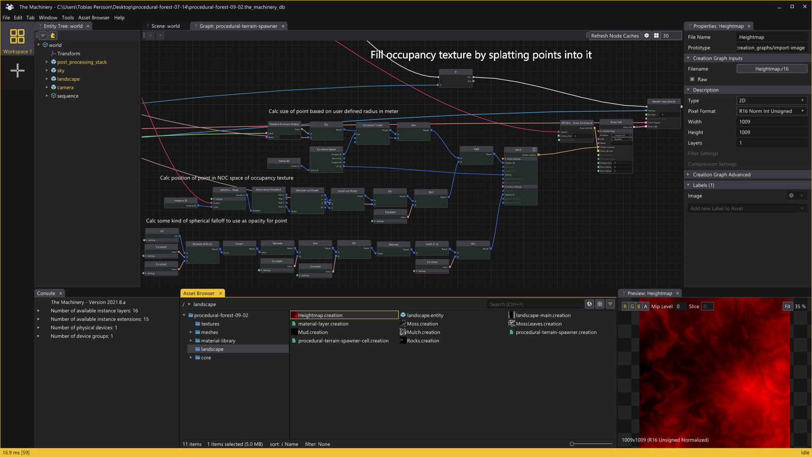 All vegetation and rocks are procedurally placed on the terrain using Creation Graphs.